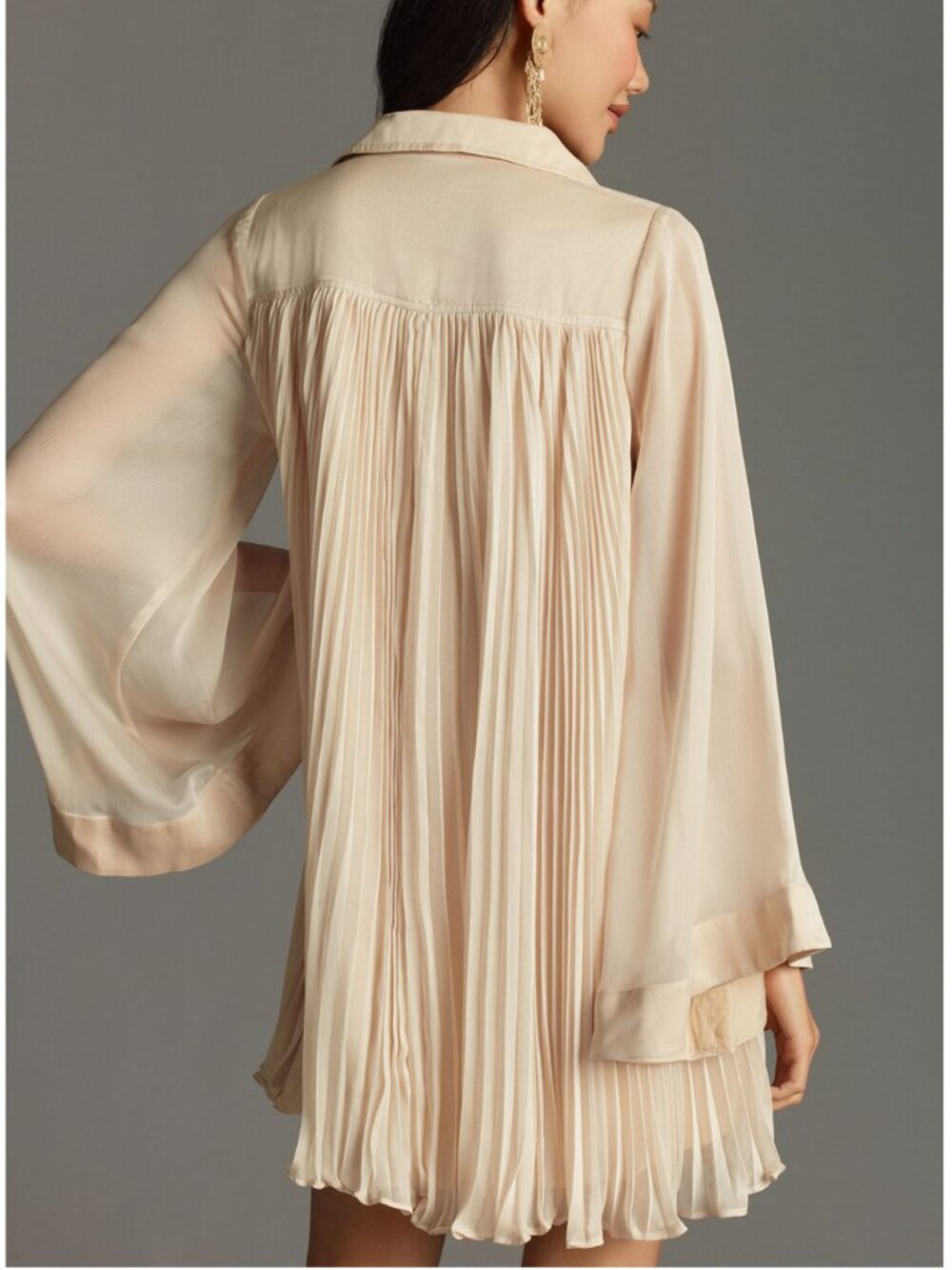 Anthropologie Maeve Long-Sleeve Pleated Mini Shirt Dress Neutral Cream S - Picture 2 of 12